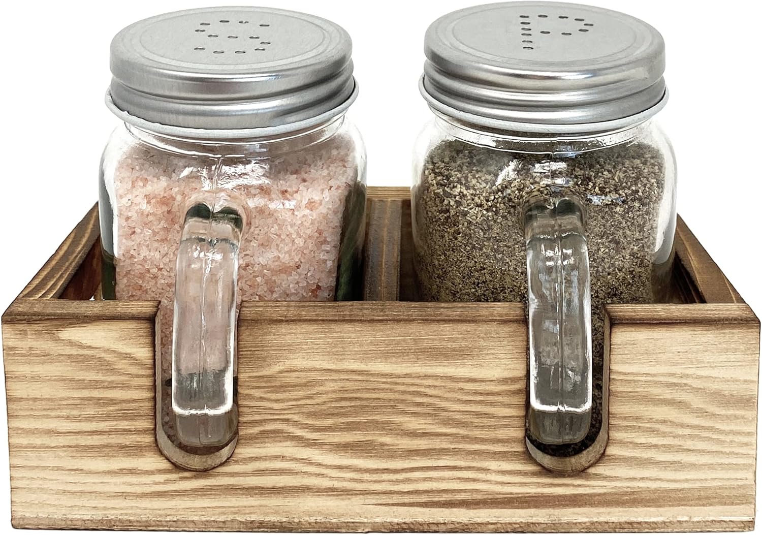 Amazon Com Mason Jar Salt And Pepper Shakers Set With Wood Caddy Easy To Clean Refill For Farmhouse Kitchen Table Rustic Home Decor And Gifts Kitchen Dining