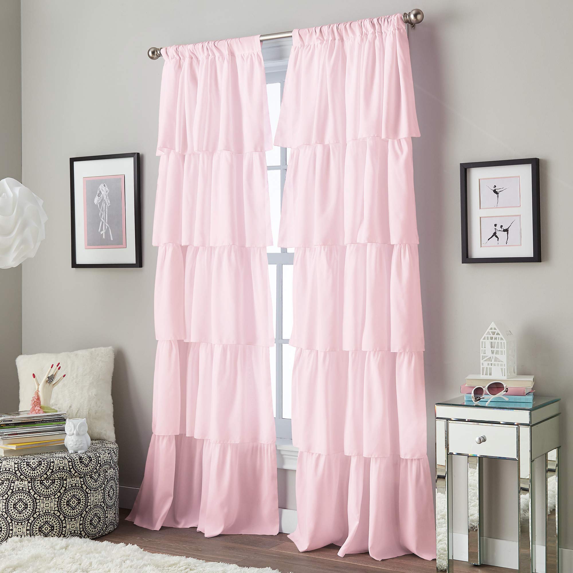 Curtainworks Flounced Ruffle Rod Pocket 100% Polyester, 63 inch,Curtain Panel, Pink