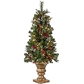 National Tree Company 4 ft Pre-Lit Crestwood Spruce Mini Artificial Christmas Entrance Tree, 100 Clear Lights, 230 Tips, Glitter, Pinecones, Red Berries, Gold Rubbed Pedestal Base, Green