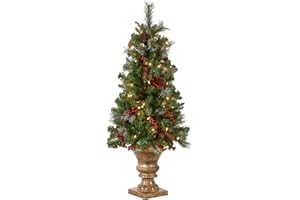 National Tree Company Pre-Lit Artificial Mini Christmas Tree, Green, Crestwood Spruce, White Lights, Decorated with Pine Cones, Berry Clusters, Frosted Branches, Includes Pot Base, 4 Feet