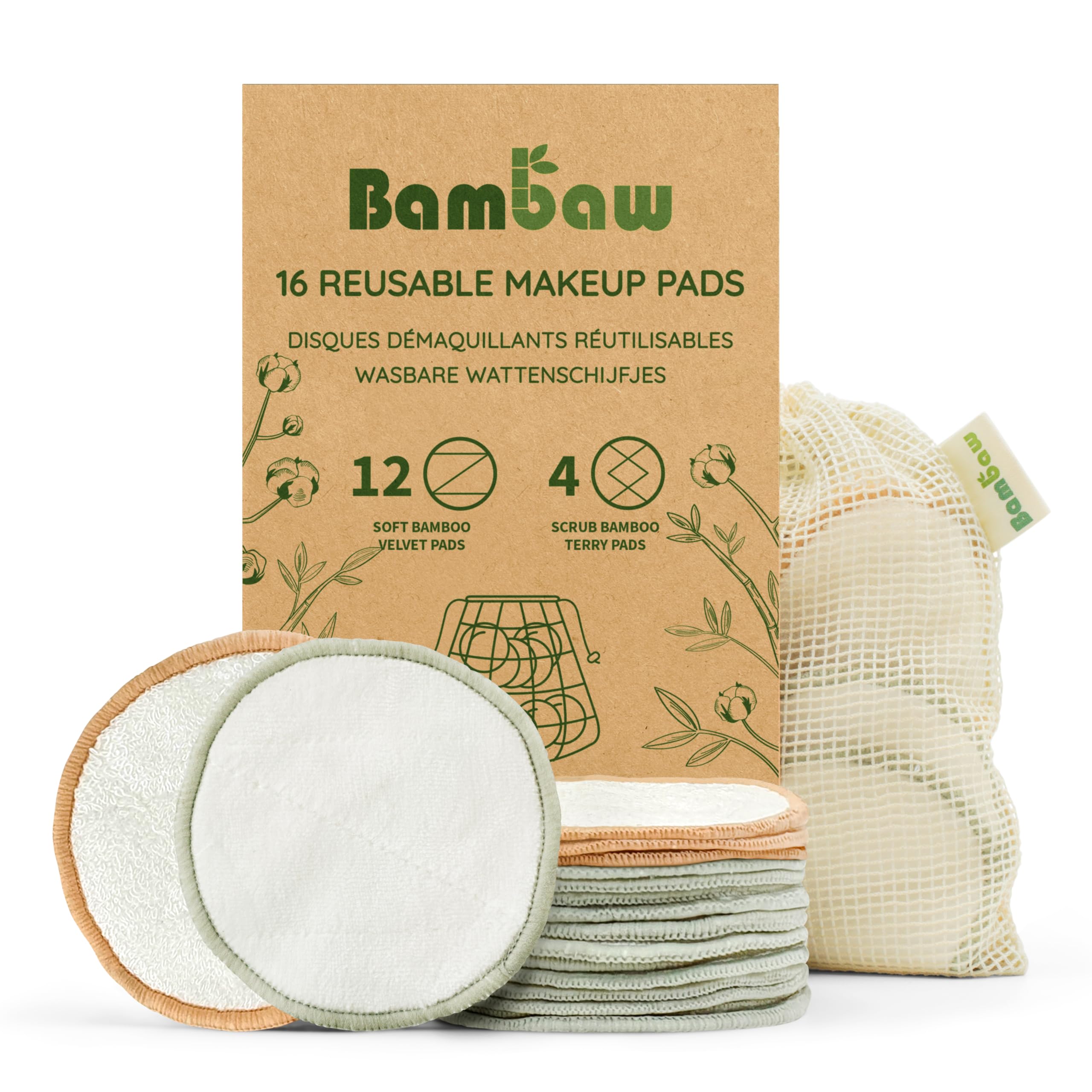 Washable Make-up Pads, 16 Reusable Cotton Pads Made of Bamboo and Cotton with Laundry Bag, Washable Pads, Cotton Pads, Reusable, Make-up Pads, Washable, Zero Waste Bambaw