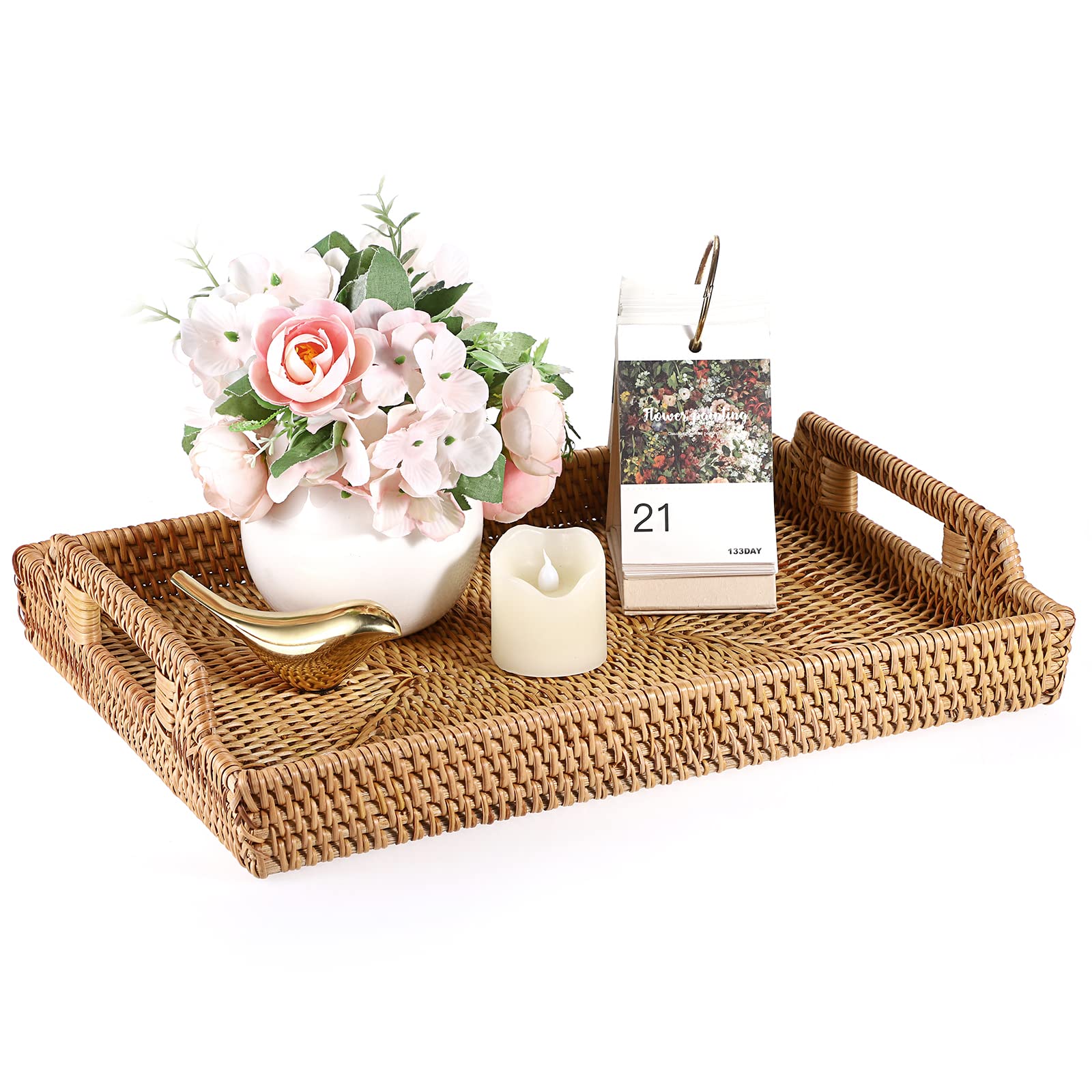 IGNPION Rattan Serving Tray Home & Bathroom Decorative Display Woven Table Storage Tray with Handle - Tableware, Kitchen, Ornament (37x27cm, Natural)
