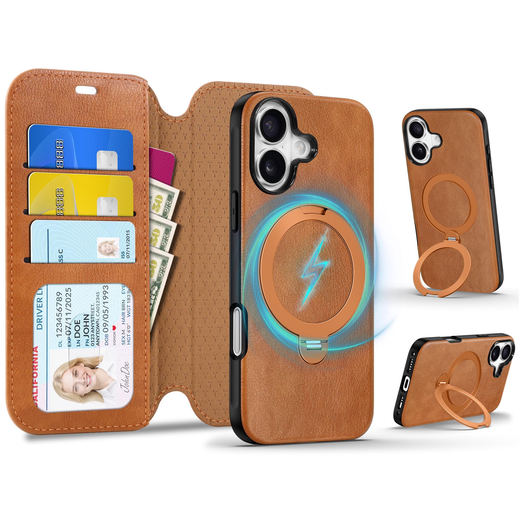TUCCH Detachable Case Wallet for iPhone 17 6.3", Wireless Charging, Adjustable 360° Rotation Foldable Ring Stand, 3 Card Slots RFID Blocking, Slim Magnetic PU Leather Shockproof Cover, Light Brown