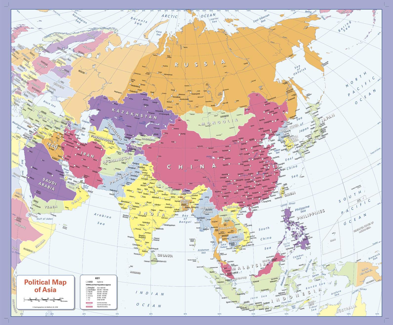 Colour blind friendly Political Wall Map of Asia - 31.75" x 26.5" Paper