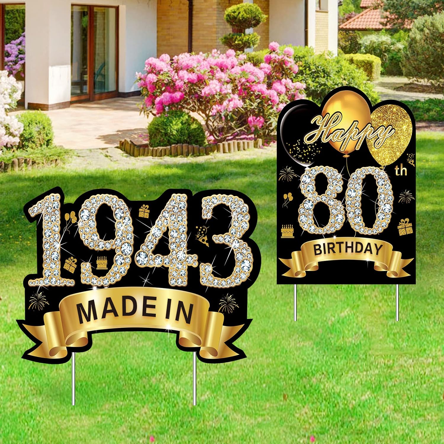 Yard Signs - 2Pcs Black Gold 80th Birthday Yard Sign Decorations for Women Men, Happy 80 Birthday Made in 1943 Lawn Sign Party Supplies, Eighty Year Old Birthday Yard Sign with Stakes Decor