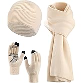 AWAYTR Women Winter Beanie Hat Scarf Gloves Set, 3Pcs Warm Knitted Hat Touchscreen Gloves Long Scarf for Cold Weather