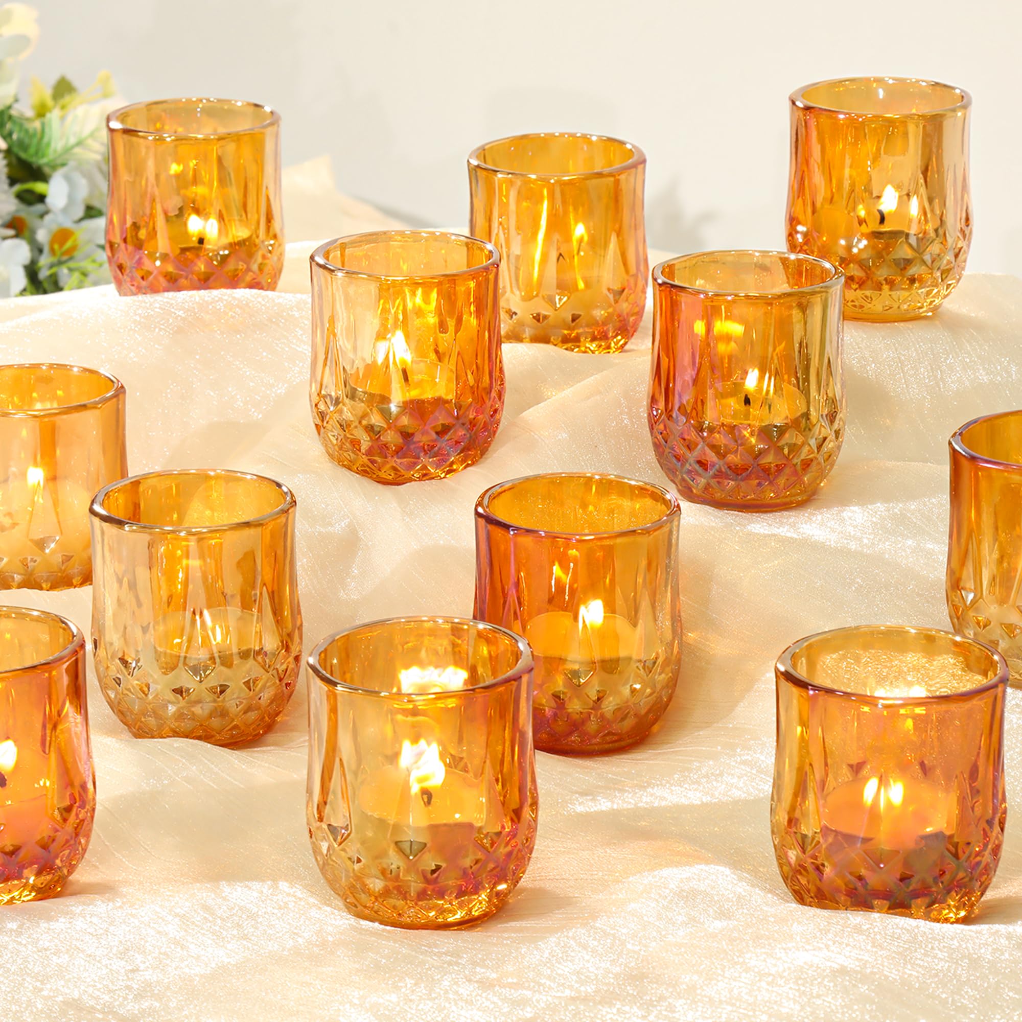 View 1 of 12 Pcs Votive Candle Holders, Amber Glass Tea Lights Candle Holder in Bulk for Table Centerpiece, Tealight Candle Holders for Wedding Decor Home Decoration