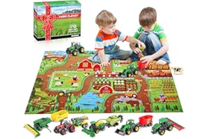 Moncasso Tractor Toy & Farm Animals Toys Set, Large Activity Play Mat, Farm Playset with Realistic Diecast Farming Equipment Toy & minature Things, Ideal Kids Gifts