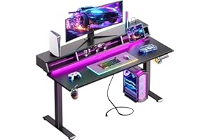 OffiGo Gaming Standing Desk with LED Light, 55 Inch Electric Height Adjustable Table with Power Outlet & Monitor Stand, Sit Stand Computer Workstation for Boys Men, Black
