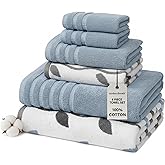 Modern Threads Organic Vines 6-Piece 100% Cotton Towel Set – Yarn Dyed Jacquard & Solid – Includes 2 Bath Towels, 2 Hand Towels, 2 Washcloths – Absorbent, Quick Dry, Soft & Durable – Blue