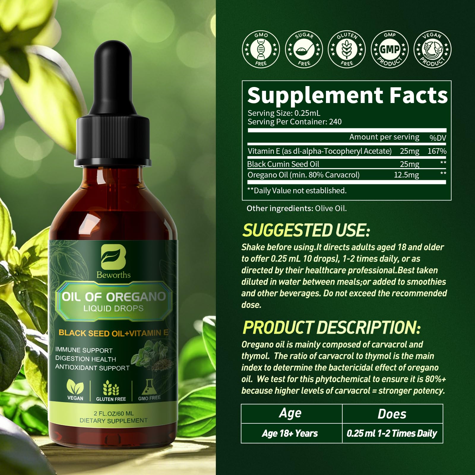 B BEWOTHS Oregano Oil Drops, Oil of Oregano with Black Seed Oil, Vitamin E, 80% Carvacrol & Thymoquinone Oregano Liquid Herbal Blend for Immune, Antioxidant, Digestive Gut Cleanser Support - Vegan