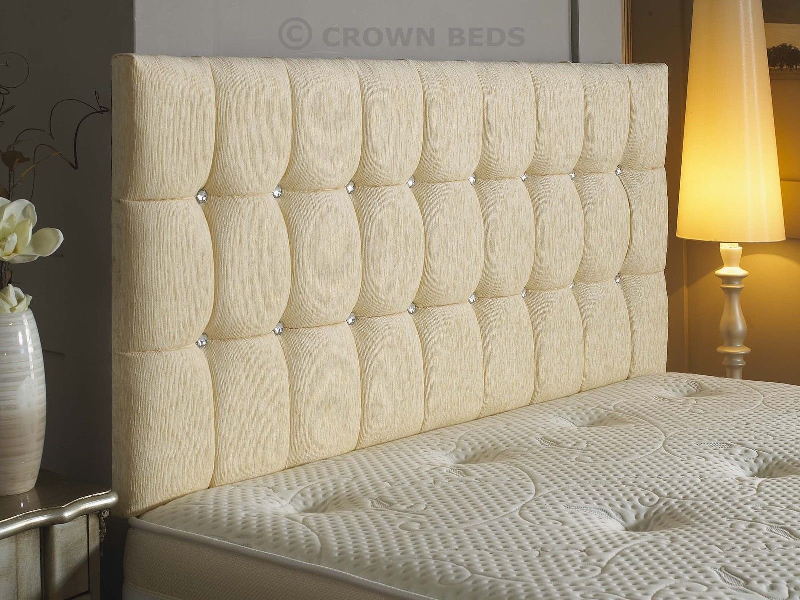 CROWNBEDSUK Omega diamante chenille headboard in 2ft6,3tf,4ft,4ft6,5ft,6ft (4FT SMALL DOUBLE, Cream)