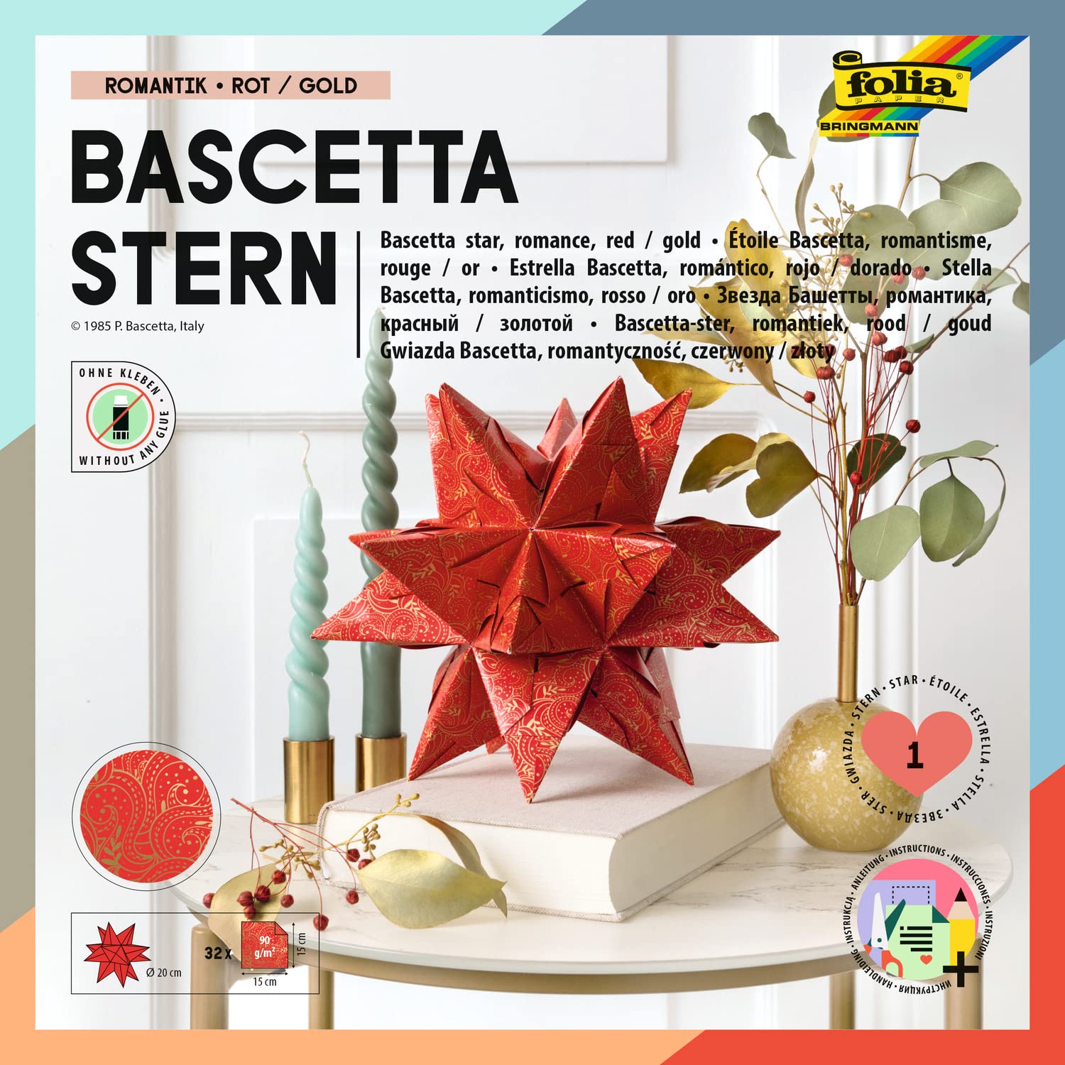 folia 408/1515 Craft Set Bascetta Star Winter Ornament Red/Gold, 32 Sheets, 15 x 15 cm, Finished Size of Paper Star Approx. 20 cm, with Detailed Instructions (English Language not Guaranteed), Ideal
