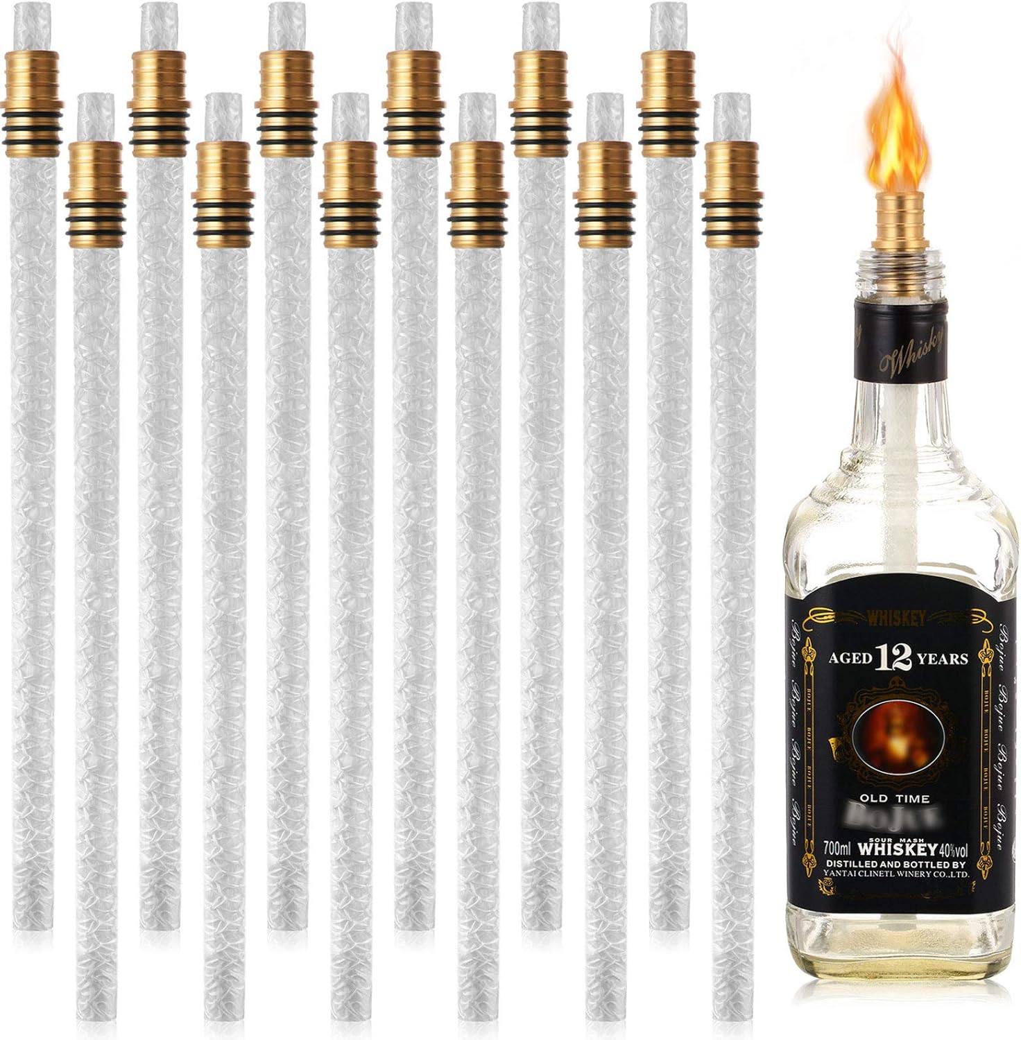 Oil Lamps & Accessories - 24 Pieces Wine Bottle Torch Hardware Kit Wine Bottle Torch Wick, Includes 12 Soft Fiberglass Replacement Wicks Torch, 12 Brass Torch Wick Holder with Washer for DIY Homemade Torch Decor (13.8 Inch)