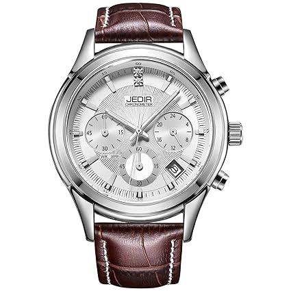 BUREI Mens Business Casual Elegant Chronograph Sports Watch with White Dial and Genuine Leather Strap (Brown)