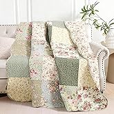 vctops 100% Cotton Quilted Throw Blanket 50x60 Inch Floral Patchwork Reversible All Season Throw (Green B,50"x60")
