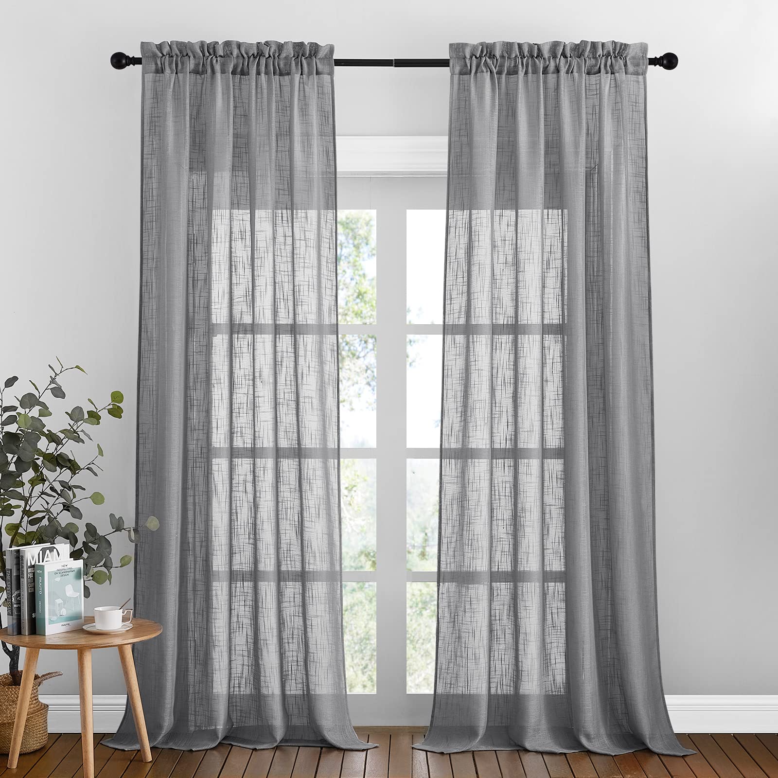 PONY DANCE Voile Curtains with Rod Pocket – Long Voile Curtains Decoration for Modern Living Room, 2 Panels, 132 x 240 cm (W x L), Dark Grey