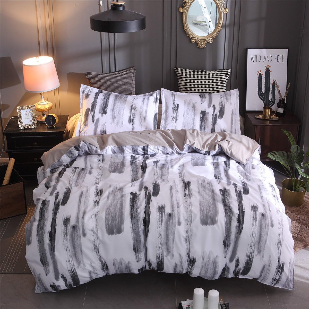 NTBED Water Color Pattern Duvet Cover Set,Black White Microfiber Quilt Cover Printed Bedding Sets (white, Queen(No Comforter))
