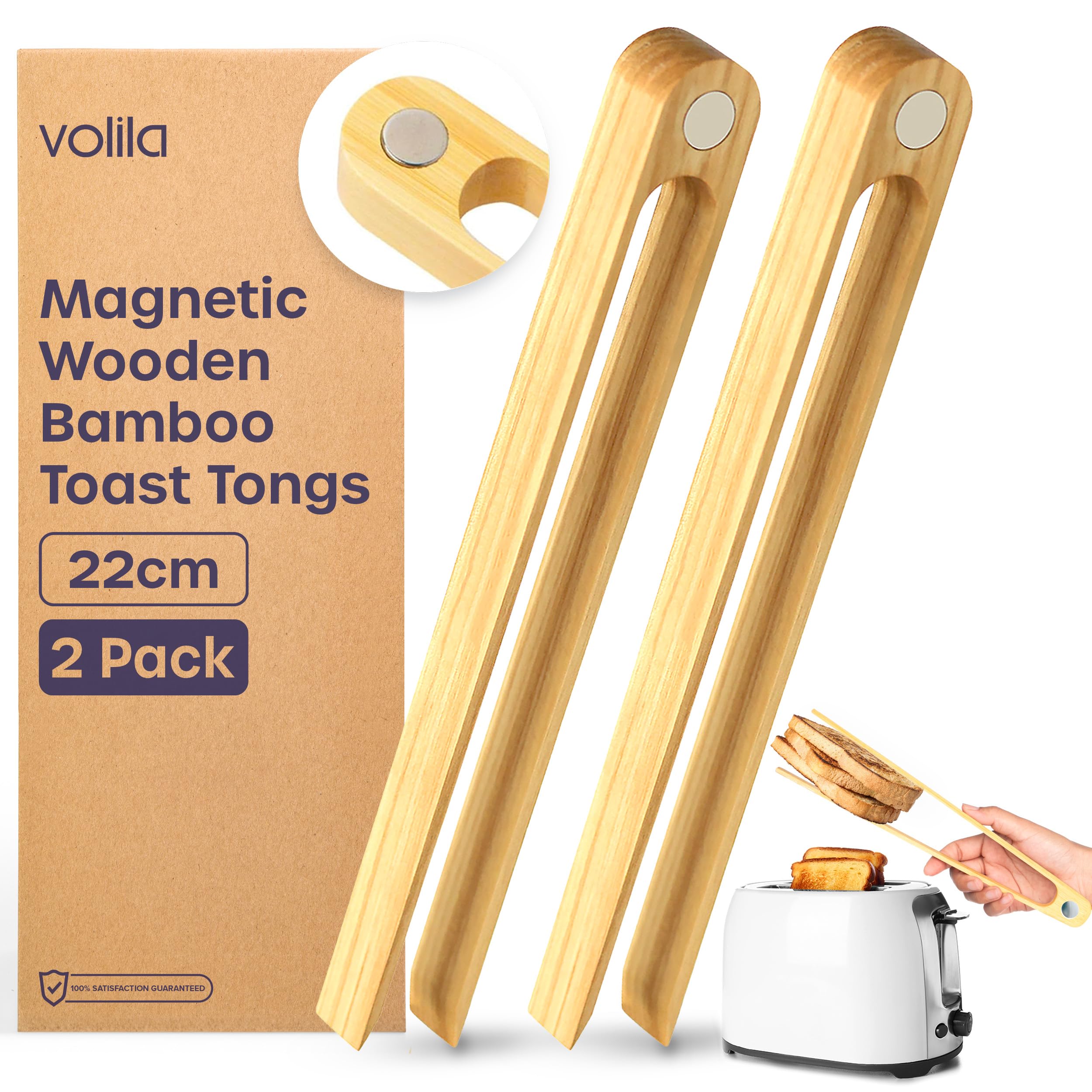 Volila Wooden Tongs - 2 Pack (22cm/8.7 inches) Magnetic Bamboo Toast Tongs for Cooking and Grilling - Reusable, Aesthetic, Space Saving, Non Stick Friendly, Modern Style