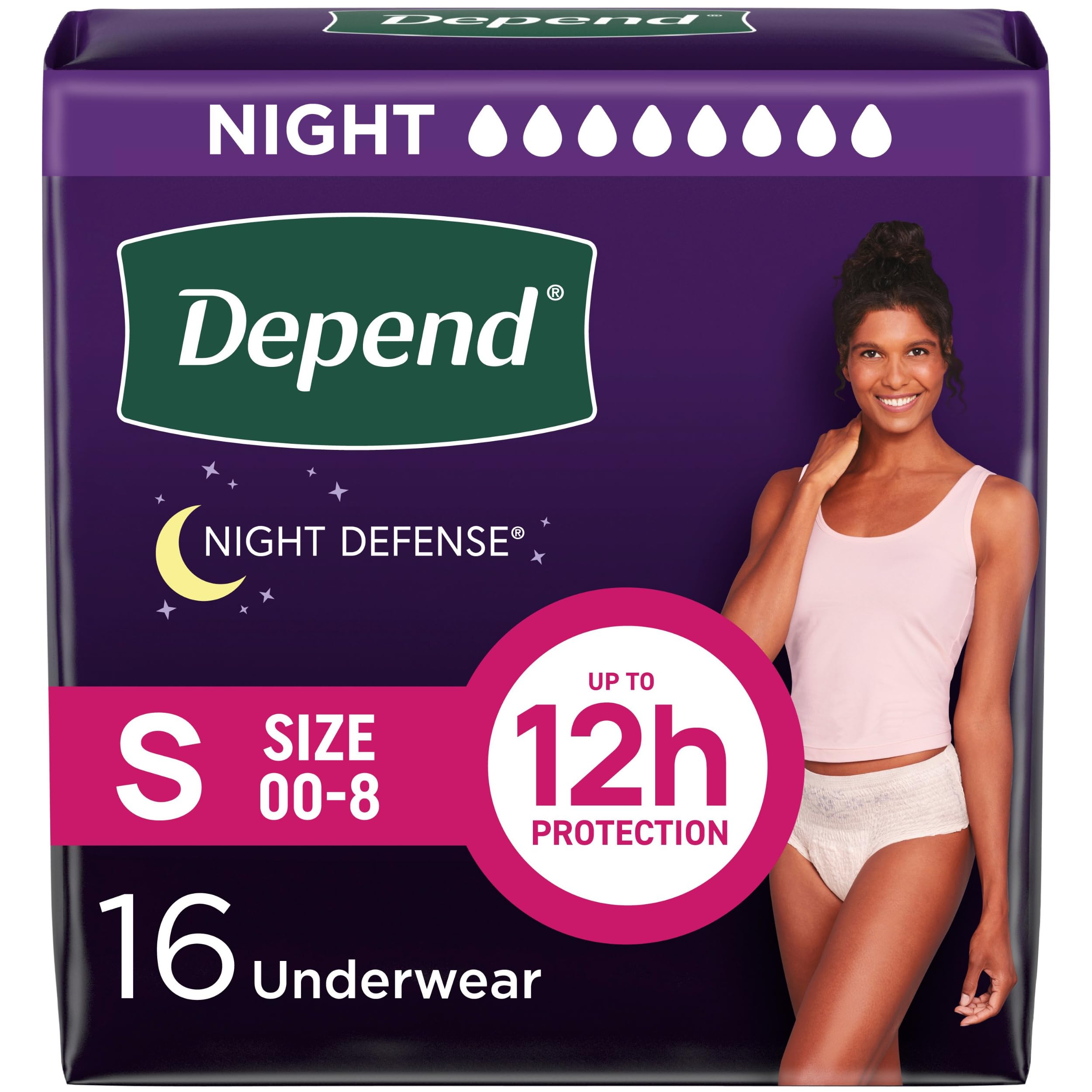 Photo 1 of Depend Night Defense Adult Incontinence & Postpartum Bladder Leak Underwear for Women, Disposable, Overnight, Small, Blush, 16 Count, Packaging May Vary