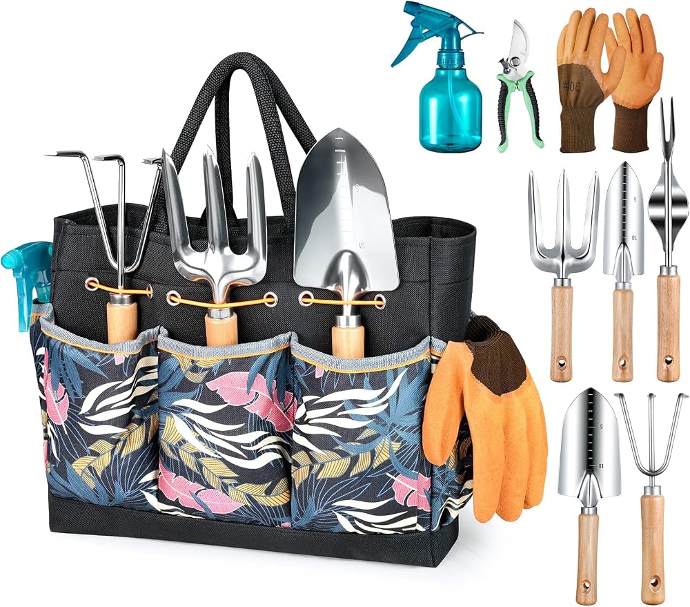 Grenebo 9-Piece Stainless Steel Garden Tools Set with Tote Gray