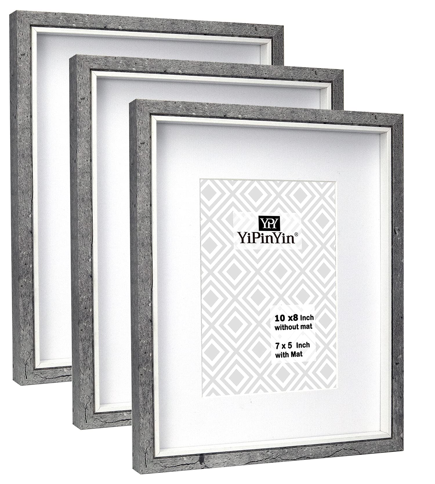 8 X 10 Inch Cement Grey & White Inlay Two Tone Picture Frames Set of 3 with mount for 5 x 7'', Stylish Gallery 5 x 7'' Boxed Frame with Real Perspex Window Front for Tabletop or Wallmounted