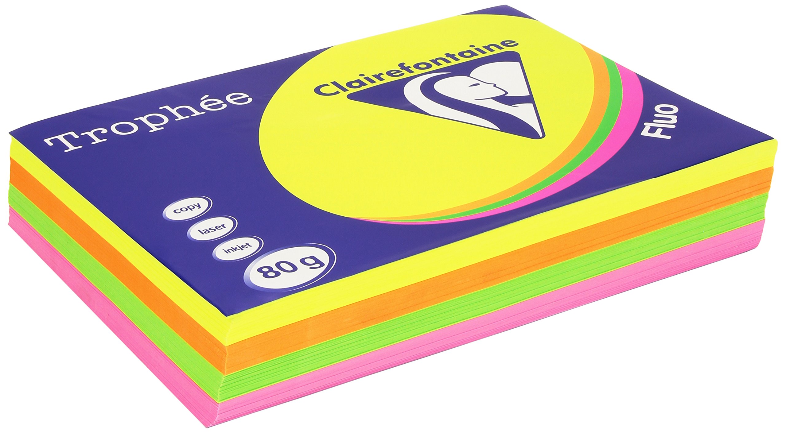 Clairefontaine Trophee 1705C Fluorescent Paper Assorted Pink Yellow Green Orange 80 g