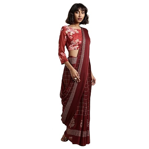 Womanista crepe with blouse piece Saree (TI1128_ Maroon_ Free Size)