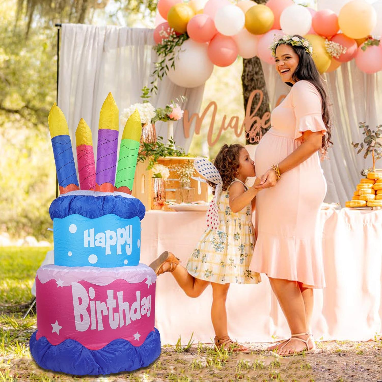 MUMTOP 4 Foot Tall Inflatable Happy Birthday Cake with 4 Candle Indoor Outdoor LED Light Holiday Decorations, Blow up Lighted Garden Decor, Lawn Inflatable Home Yard Party Favor Decoration: Garden & Outdoor