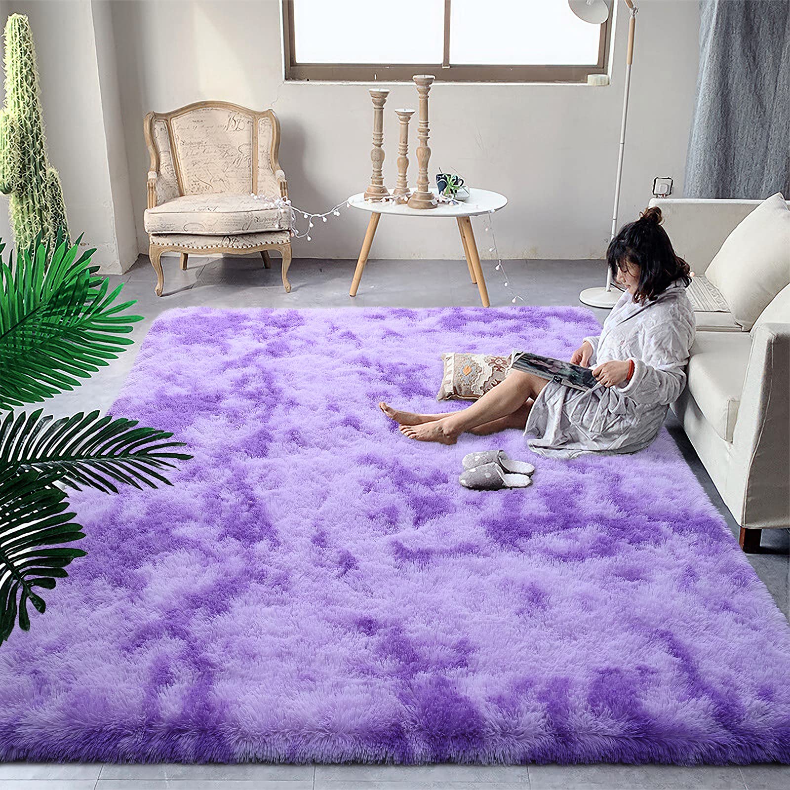 DweIke Fluffy Modern Area Rugs for Living Room Bedroom, 4x6 ft Plush High Pile Purple Rug for Kids Girls Room Nursery Home Decor, Upgrade Non-Slip Girls Bedroom Soft Indoor Rug, Tie-Dyed Purple