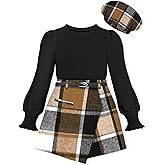 AGAPENG Girl Skirt Sets Smocked Cuffed Fall Outfits Puff Sleeve Tops Plaid Skirt Shorts Adjustable Belt Winter Clothes