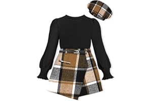 AGAPENG Girl Skirt Sets Smocked Cuffed Fall Outfits Puff Sleeve Tops Plaid Skirt Shorts Adjustable Belt Winter Clothes