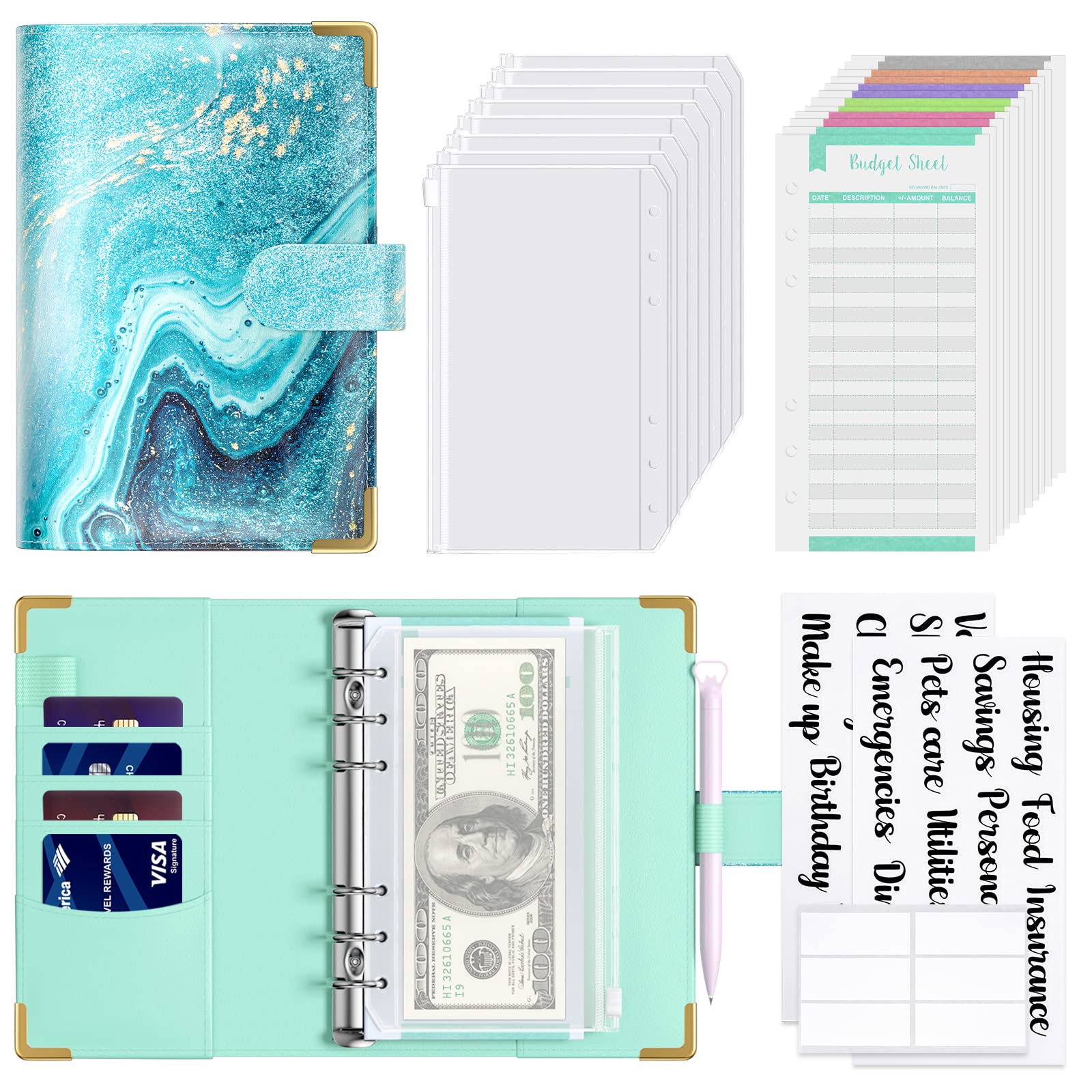 Hnogri Budget Binder with Zipper Envelopes, A6 Money Saving Binder Cash Envelopes for Budgeting, PU Leather Budget Planner Money Organizer for Cash Bills, Floral Budget Wallet for Women, Teal Marble
