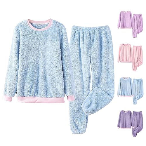 Womens Fleece Pyjamas Set Fluffy Teddy Fleece Pjs Sets Long Sleeve Crew Neck Top & Cuffed Bottoms Soft Cozy Pjs Ladies Comfy Loungewear Set Thicken Thermal Autumn Winter Pyjamas Plush Warm Sleepwear
