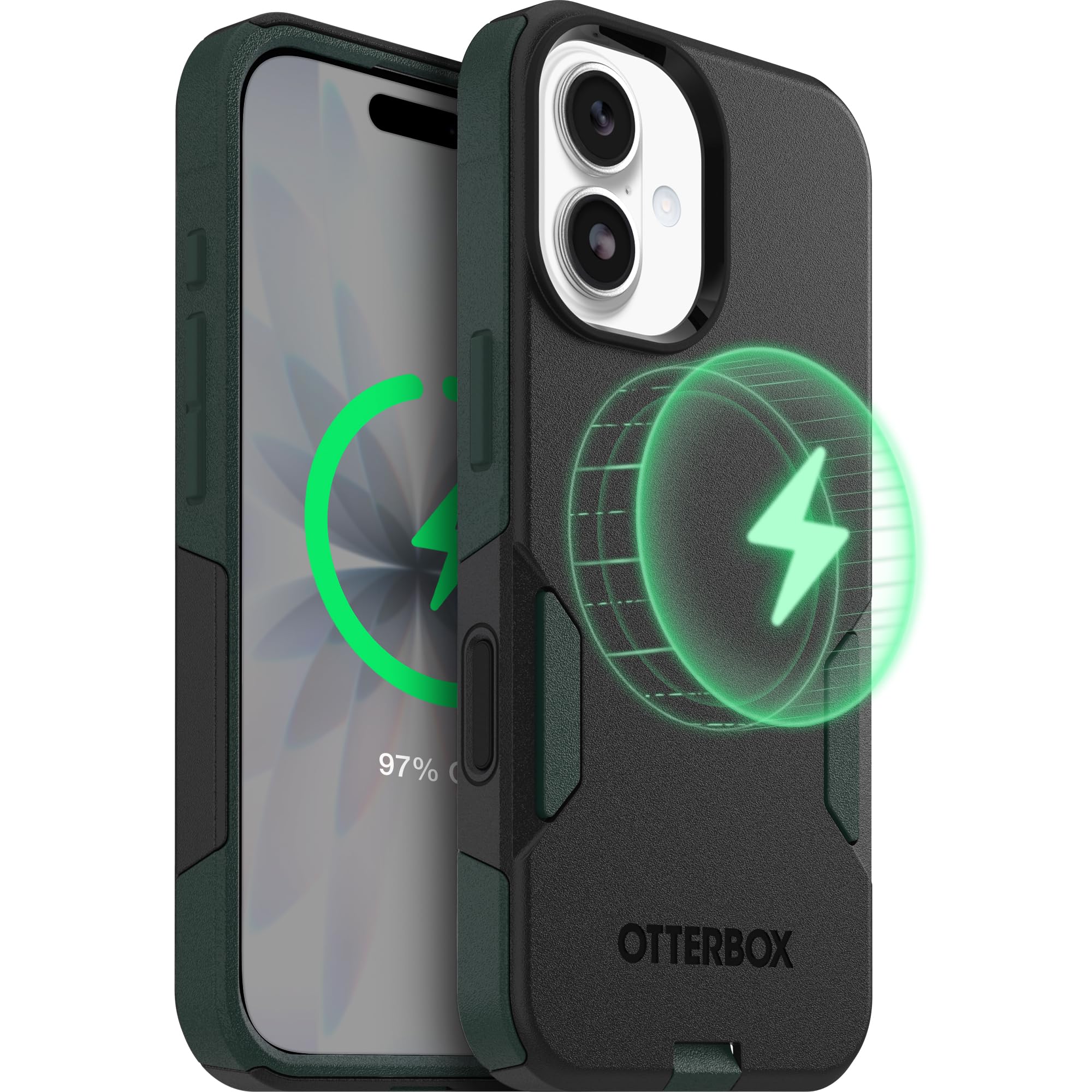 Photo 1 of OtterBox iPhone 17 (Only) – Commuter Series Case – Built-in MagSafe – Thin, Dual-Layer, Pocket-Friendly, Port Cover – Forest Night (Black/Green)