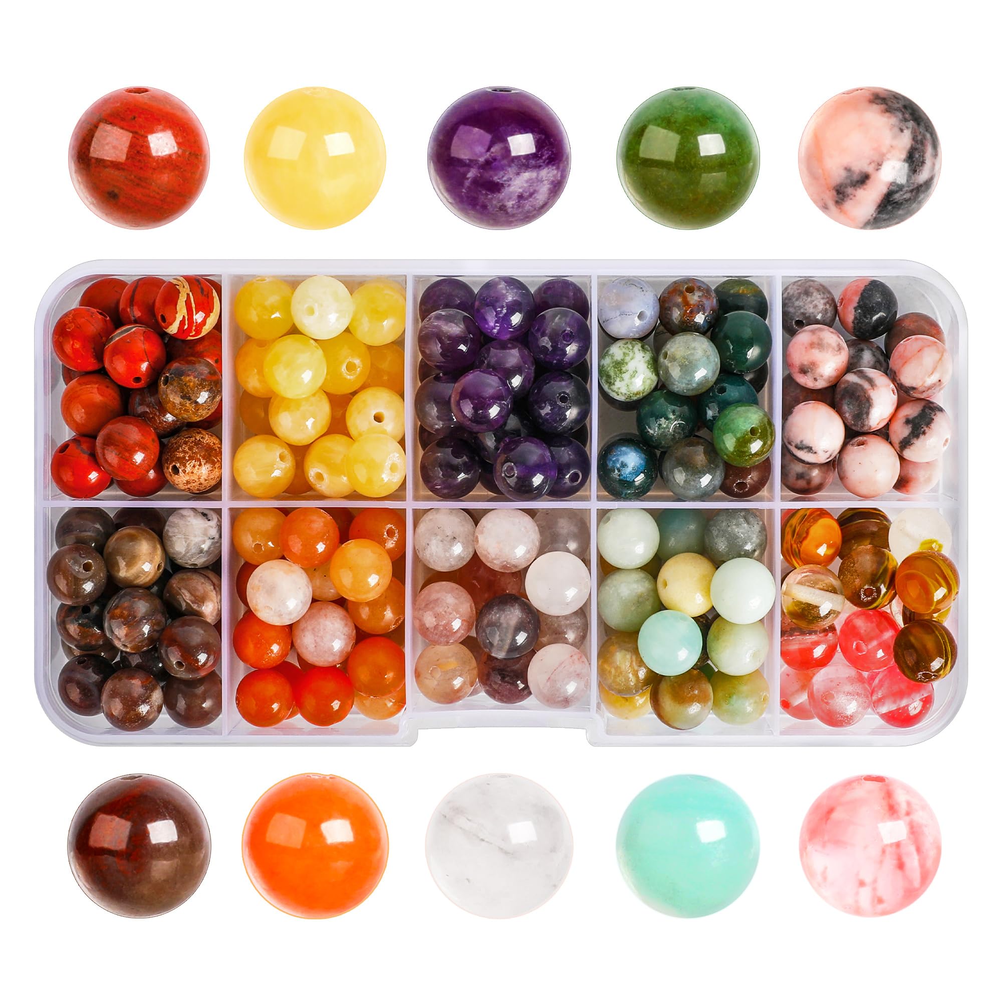 SOSMAR 200pcs Stone Beads, 8mm Crystal Round Beads for Jewelry Making, Amethyst/Amazonite/Red Jasper/Pink Zebra/Aventurine/Agate Craft Bead for Bracelet Necklace Making, 10 Colours DIY Smooth Stone