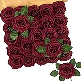 N&T NIETING Artificial Flowers, 25Pcs Fake Flowers Foam Roses with Stems Perfect DIY Wedding Bouquets Centerpieces Bridal Shower Party Valentine's Day Home Flower Arrangement Decorations, Dark Red
