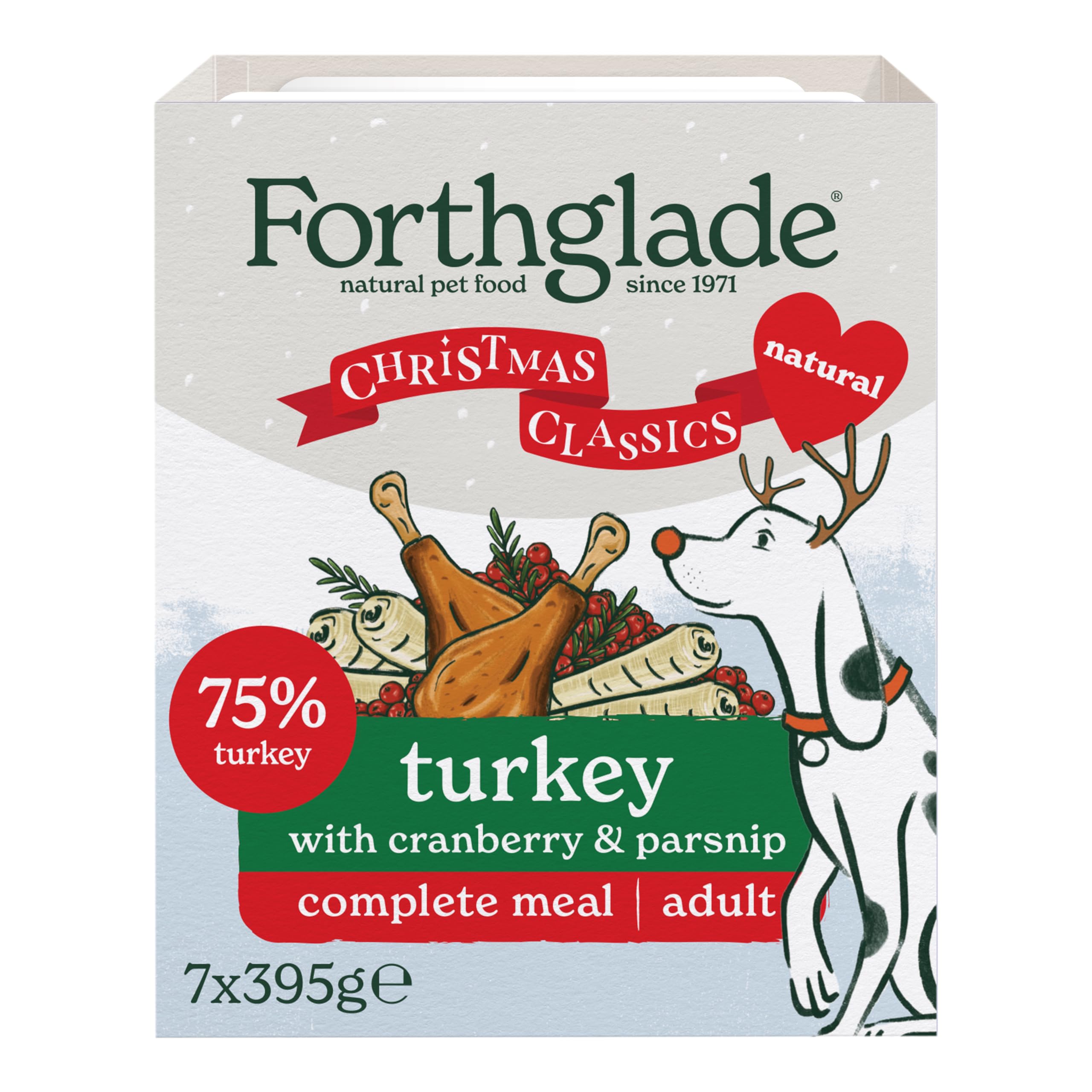 Forthglade Christmas Wet Dog Food (7 x 395g Trays) - Grain Free & Hypoallergenic Dog Food, Adult 1 Year+, Turkey with Vegetables, Complete Stomach Sensitive Meals with Natural Ingredients