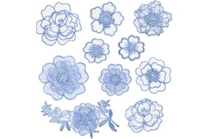 URROMA Blue Lace Flower Embroidery Applique, 10 Pcs Organza Flower Trim Sew On Patch for Wedding Bridal Dress DIY Sewing Craft Clothes Hair Ornament