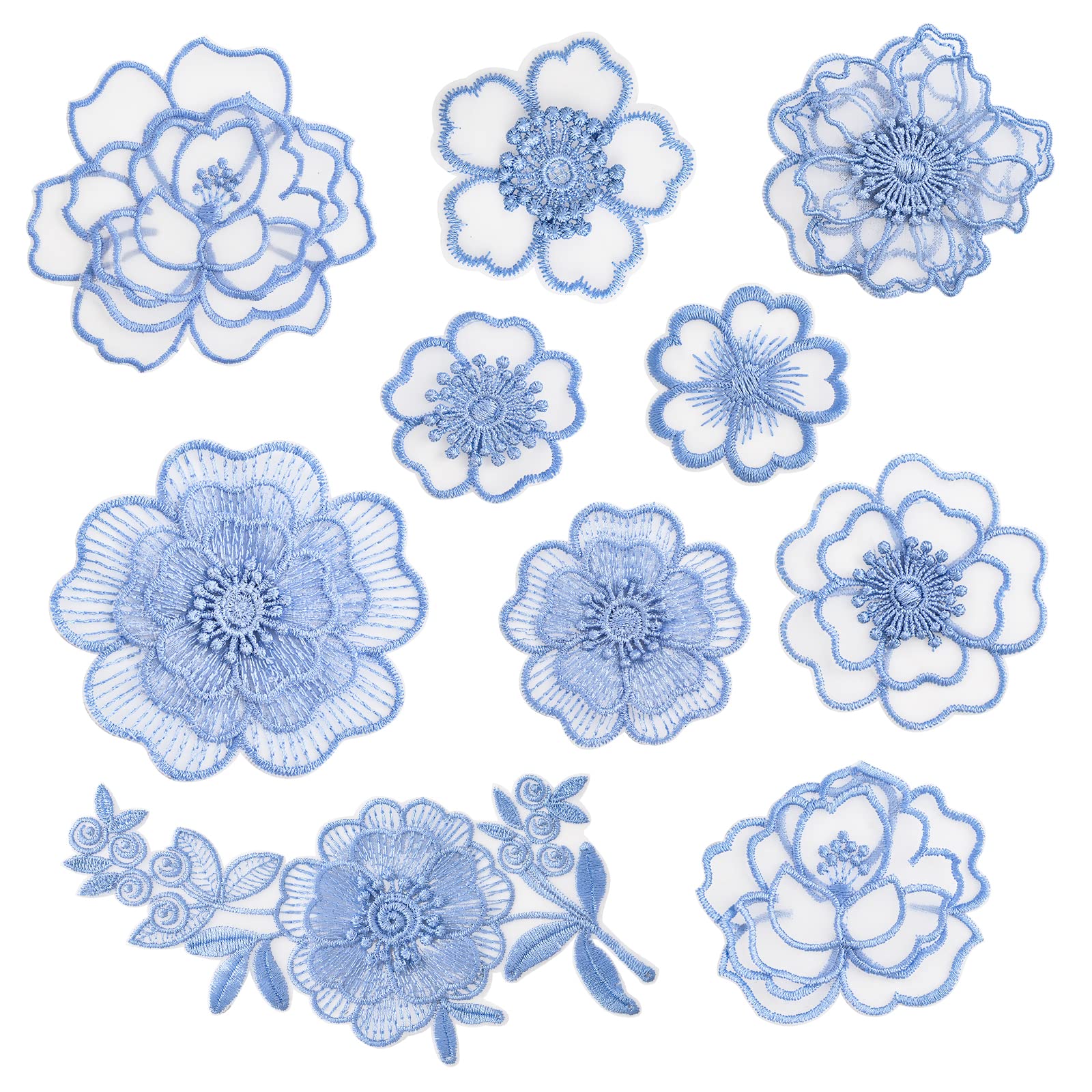 URROMA Blue Lace Flower Embroidery Applique, 10 Pcs Organza Flower Trim Sew On Patch for Wedding Bridal Dress DIY Sewing Craft Clothes Hair Ornament