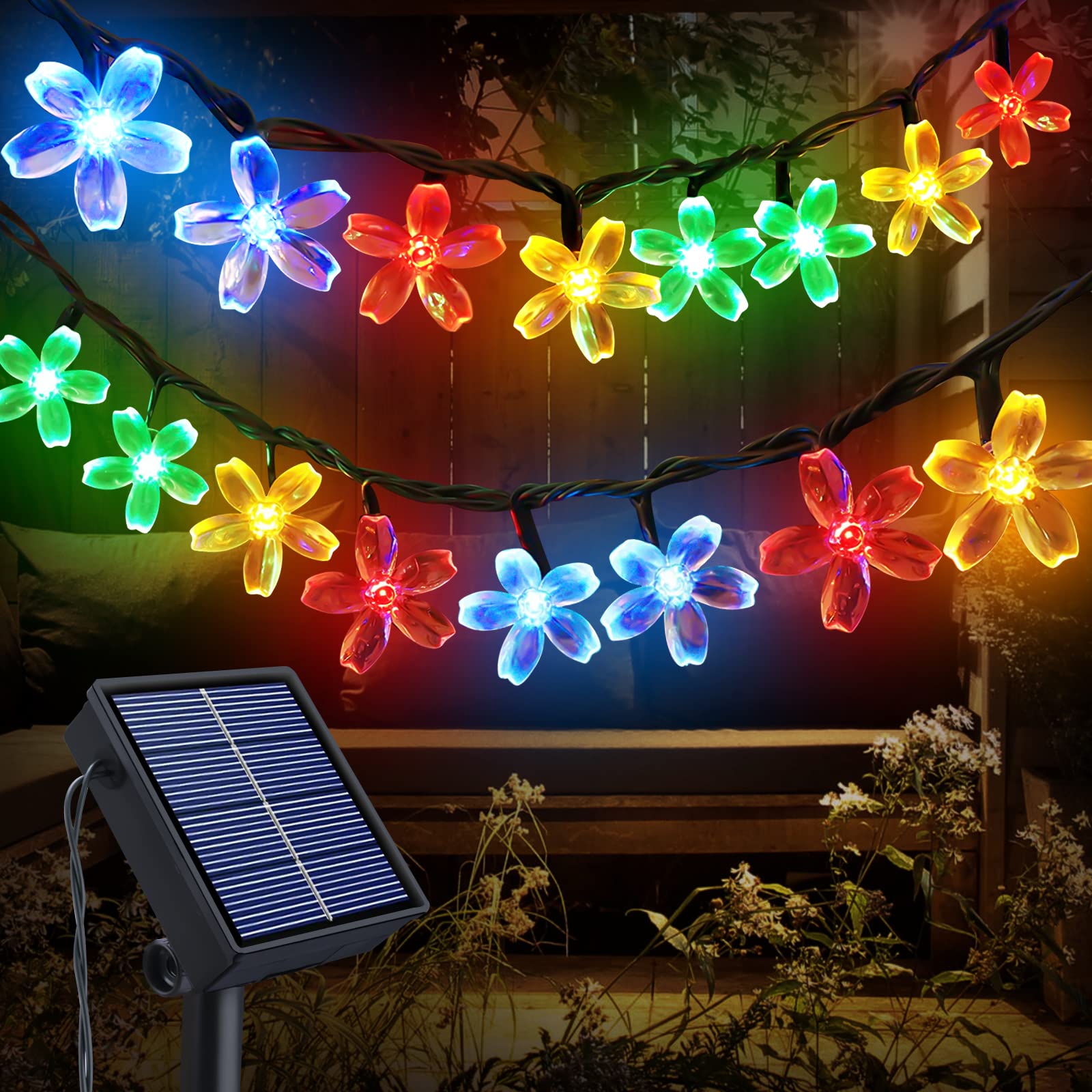 Solar String Lights Outdoor 100 LED 12m Cherry blossoms Fairy Lights 8 Modes Garden Garland Lights Outdoor Solar Powered Waterproof Decorative Lights for Christmas Pathway Fence Party Wedding Garden — image 1