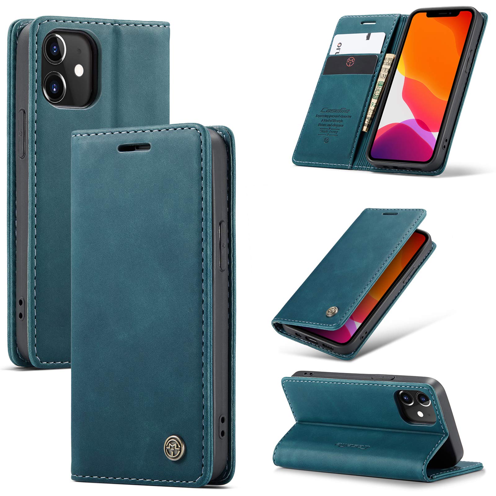 UFinetech Case for iPhone 12, Shockproof Anti-scratch Cover Compatible with iPhone 12 (6.1”), Leather TPU Slim Soft Flip Folio Magnetic Closure Kickstand Card Holder Wallet Camera Protector, Blue