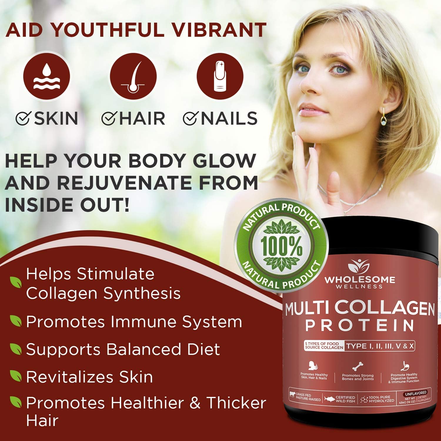 Multi Collagen Protein Powder Hydrolyzed (Type I II III V X) Grass-Fed All-in-One Super Bone Broth + Collagen Peptides - Premium Blend of Grass-Fed Beef, Chicken, Wild Fish, Eggshell Collagen: Health & Personal Care