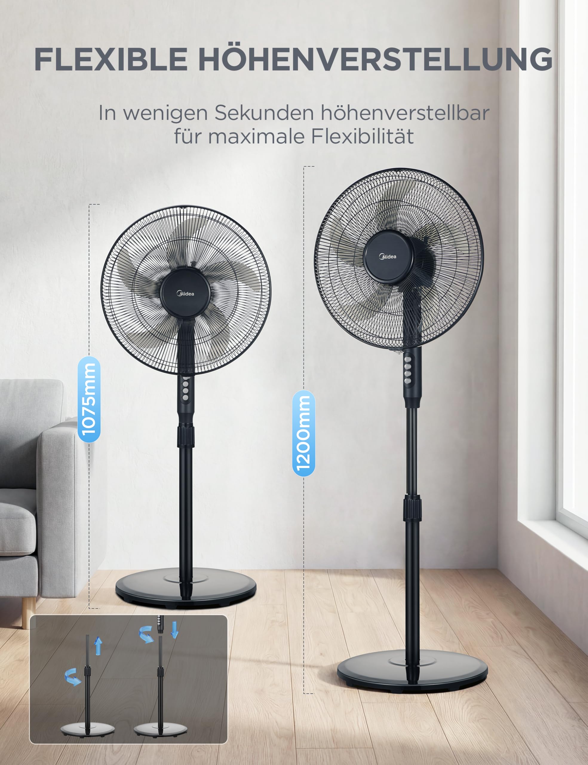 Midea Standventilator FS40-25JA mit Fernbedienung, 5 Flügel, 40W Energiesparend, Höhenverstellbar bis 122cm, Leise, Schwarz 7
