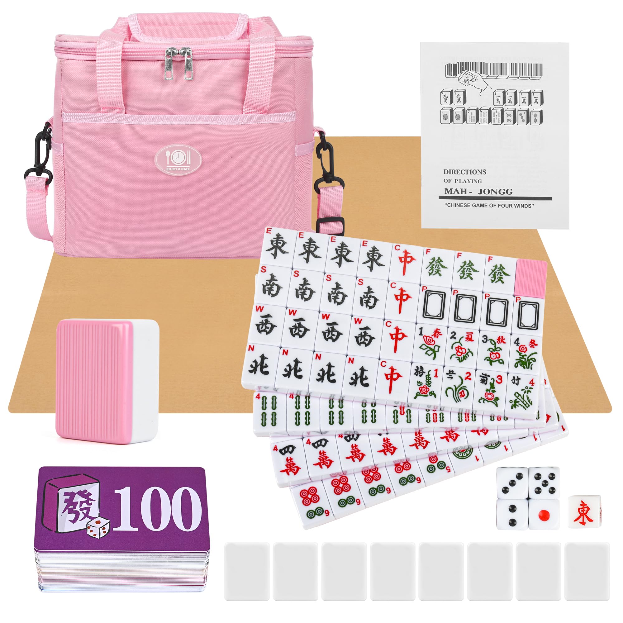 Photo 1 of QYMZKA Chinese Mahjong Game Set, 144 Numbered Melamine 1.42" Size Tiles(Pink) and 8 Blank Tiles, with Pink Carrying Travel Bag, English Instruction, Pro Complete Mahjong Game Set