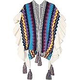 Urban CoCo Women's Knit Stripe Ethnic Flounced Bohemian Tasseled Poncho Shawl