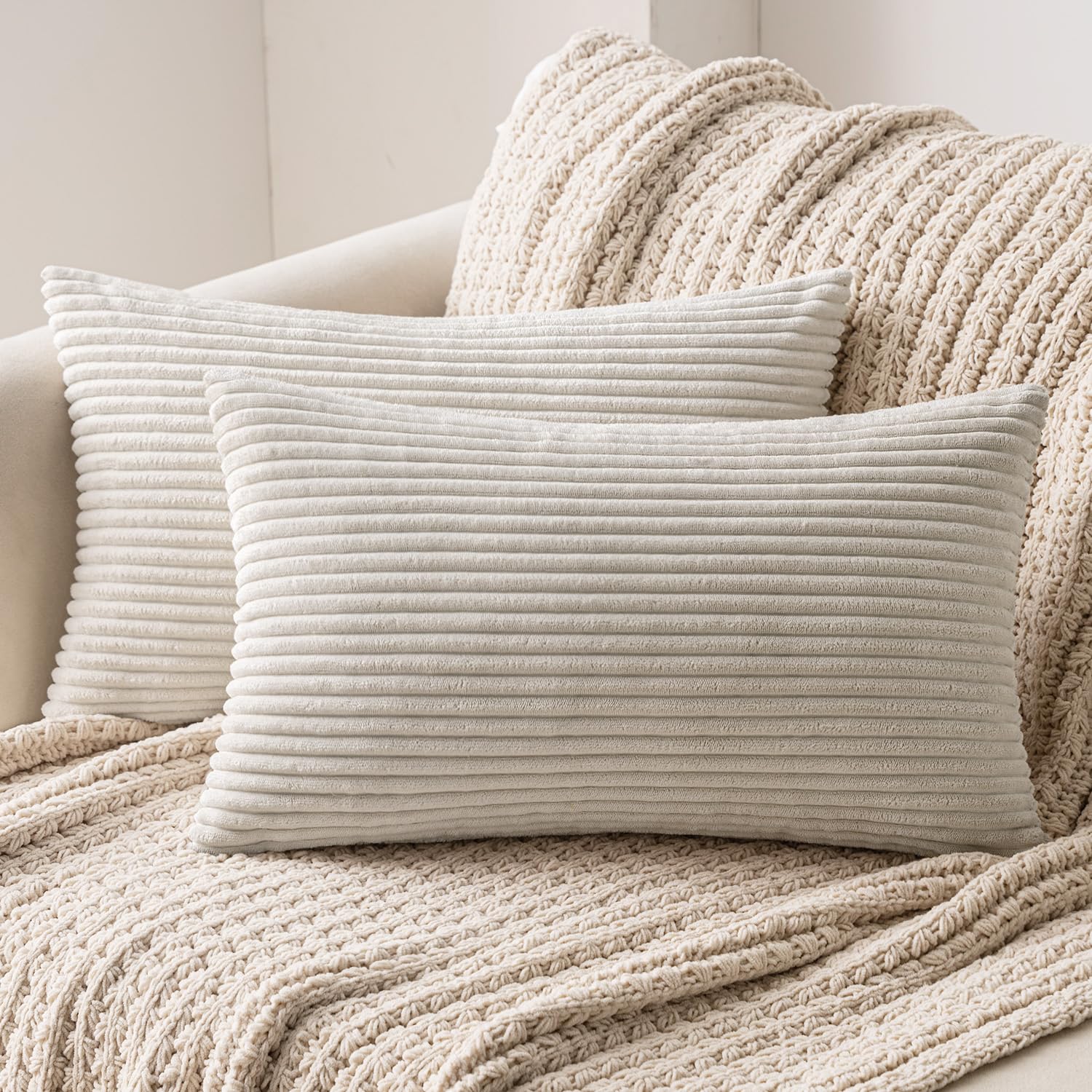 MIULEE Set of 2 Cream White Striped Corduroy Square Throw Pillow Case Soft Cushion Cover Sham Home for Sofa Chair Couch/Bedroom Decorative Fluffy Large Pillowcases 16x24 Inch 40x60cm