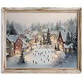 Christmas Village Winter Scene Wall Art Print, Ice Skating Holiday Painting, Snowy Town Square Christmas Decor, Rustic Farmhouse Holiday Wall Artwork, Cozy Festive Home Decoration (11X14inch-Unframed)