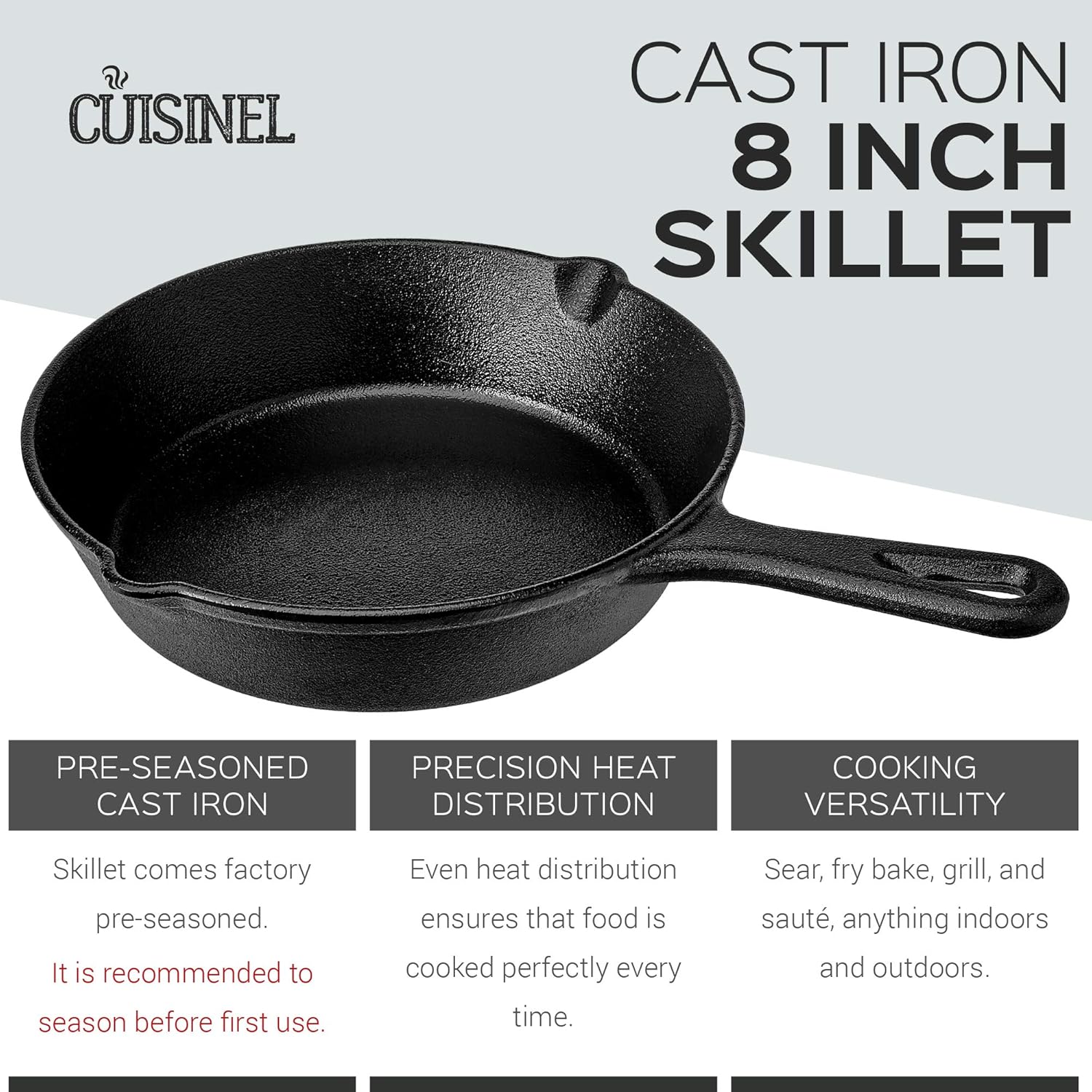 Pre-Seasoned Cast Iron Skillet (12-Inch) with Glass Lid and Handle Cover Oven Safe Cookware - Heat-Resistant Holder - Indoor and Outdoor Use - Grill, Stovetop, Induction Safe: Kitchen & Dining