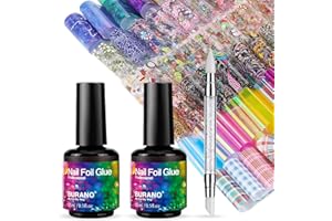 BURANO Nail Art Foil Glue Gel, 15ML 2 Bottles with 70PCS Foil Stickers Set Nail Foil Glue for Nails, Designer Nail Foils Nail Art Foil Transfer Gel